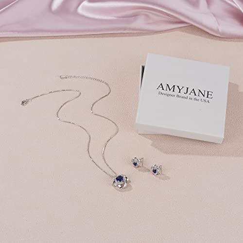 AMYJANE Bridal Jewelry Set for Women - Crystal Cubic Zirconia Love Knot Necklace Stud Earrings Elegant CZ Jewelry Set for Wedding Bride Bridesmaids Gift Set - color: Blue Sapphire(14k White Gold Plated)