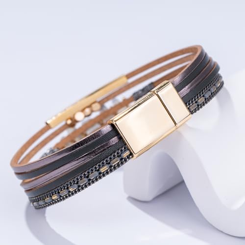 Boho Gemstone Beaded Leather Wrap Bracelets Stackable Chunky Cuff Bracelet Western Jewelry Cowboy Chic Country Concert Outfits for Women - color: Grey