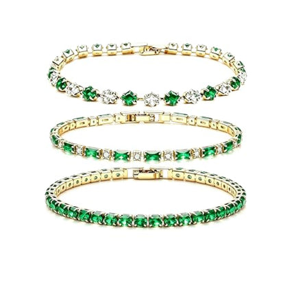 3Pcs Women Stackable 14K Gold Plated Tennis Bracelet with Colorful CZ | Dainty Classic Everyday Jewelry 14K Gold Plated Colorful Cubic Zirconia Tennis Bracelet Created Diamond for Wedding 7 inches - color: gold green