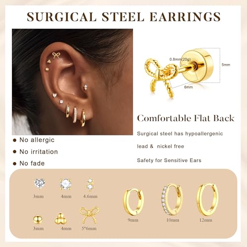 M MOOHAM 9 Pairs Flat Back Earring Stack Set for Women Teen Girls | Hypoallergenic Earrings, 14K Gold Plated Huggie Hoop Stud Earring, Small Cute Bow Cartilage Earrings, Trendy Jewelry Gifts - color: 14K Gold Plated