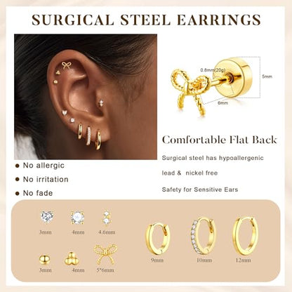 M MOOHAM 9 Pairs Flat Back Earring Stack Set for Women Teen Girls | Hypoallergenic Earrings, 14K Gold Plated Huggie Hoop Stud Earring, Small Cute Bow Cartilage Earrings, Trendy Jewelry Gifts - color: 14K Gold Plated