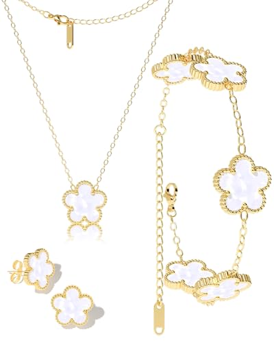 AICase Clover Jewelry Set,18K Gold Plated Lucky Clover Bracelet,Four Leaf Clover Necklace and Clover Earrings Fashion Jewelry Sets Gifts for Women/Mon - color: White