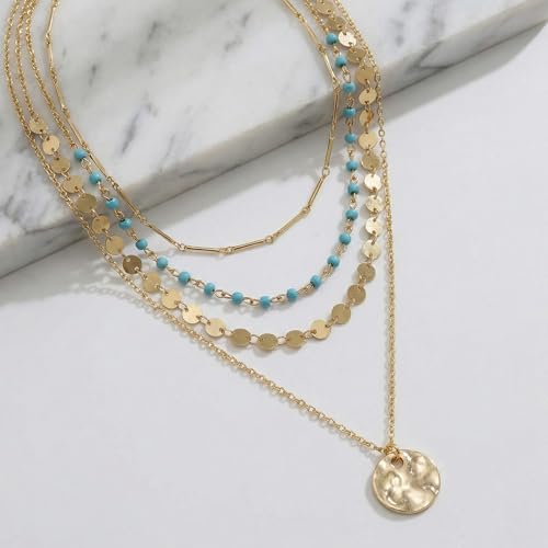 Boho Necklaces for Women, Layered Gold Coin Necklace Set, Bohemian Style Jewelry Collection, Four Piece Layered Chain Design, Gold Tone Metal Construction, Versatile Everyday Accessories - color: Gold A