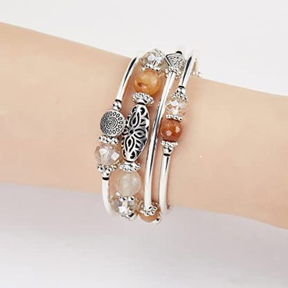 FULU AUTUMN Stackable Beaded Bracelets for Women Boho Wrap Silver Bracelet Layered Fashion Jewelry Gifts for Her - color: Brown