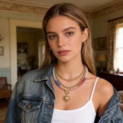 Colorful Acrylic Beaded Necklace For Women, Boho Double Layer Rainbow Beads Thick Cuban Chain Chunky Heart Pendant Statement Choker Summer Beach Jewelry Gift - color: Colorful Beaded Gold