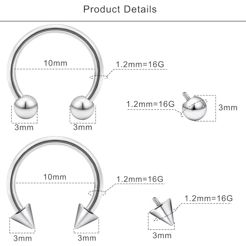 Lcolyoli 16g Septum Rings Internally Threaded Surgical Steel Septum Jewelry Lip Rings Hoop Labret Jewelry Snake Bite Piercing Jewelry Horseshoe Earrings Daith Piercing Jewelry for Women Men - color: 16g,Inner diameter:10mm,silvertone