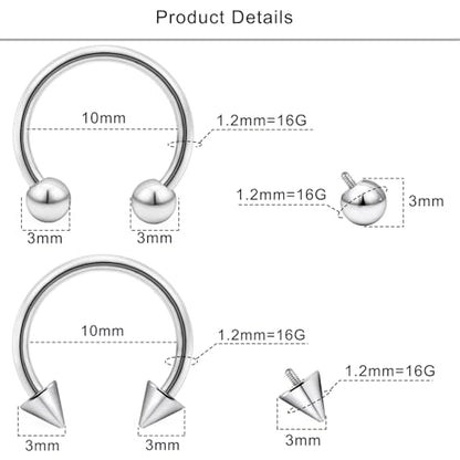 Lcolyoli 16g Septum Rings Internally Threaded Surgical Steel Septum Jewelry Lip Rings Hoop Labret Jewelry Snake Bite Piercing Jewelry Horseshoe Earrings Daith Piercing Jewelry for Women Men - color: 16g,Inner diameter:10mm,silvertone