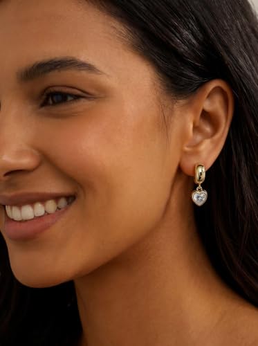 NIXMAX Trendy Gold Dangle Earrings for Women, Chunky Statement CZ Hoops | Bezel-Set Cubic Zirconia Charm, 14K Gold Plated, Lightweight Hypoallergenic Jewelry, Fashion Accessories, Gifts for Women - color: Gold-Chunky heart hoops