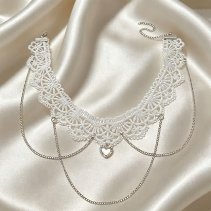 Lace Heart Choker Necklace, Multi-Layer Tassel Gothic Lolita Jewelry | Lace choker with heart pendant and multi-layer tassels. Romantic gothic aesthetic, perfect for lolita or edgy party looks.