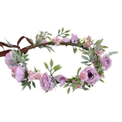 Fairy Purple Flower Crown Headband, Rose Floral Headpiece | Adjustable, Fairy Flower Crown, Women Girls, Renaissance Birthday Wedding Party Photo Props - color: Purple