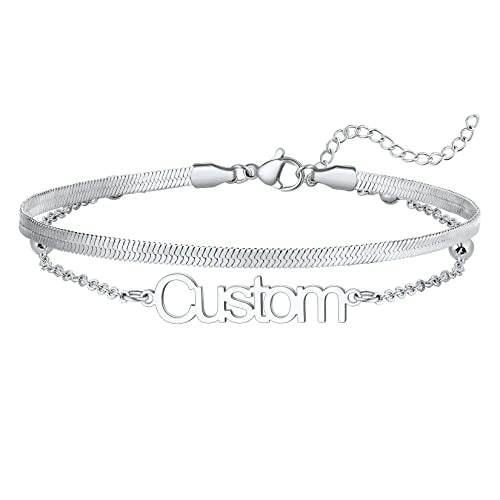 U7 Custom Layered Ankle Bracelets for Women Stainless Steel Bead/Cuban/Figaro/Rope/Wheat Chain Anklet Waterproof Anklet Jewelry for Beach Vacation - color: b-Silver-Herringbone Chain