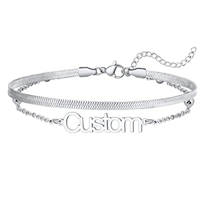 U7 Custom Layered Ankle Bracelets for Women Stainless Steel Bead/Cuban/Figaro/Rope/Wheat Chain Anklet Waterproof Anklet Jewelry for Beach Vacation - color: b-Silver-Herringbone Chain