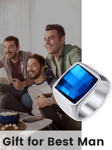 KeyStyle Square Gemstone Signet Rings for Men, Personalized Stainless Steel Pinky Ring with Black Onxy Blue Topaz Birthstone Statement Ring - color: 316L Stainless Steel- Blue Topaz-15mm