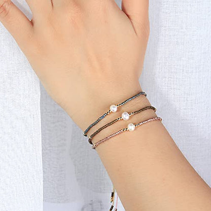 KELITCH 3 PCS Natural Pearls Bracelets Women Strand Thin Rope Friendship Bracelets Handmade Stack Charm Bracelets - color: 02I