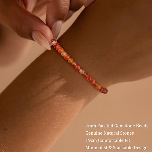 Natural Faceted Crystal Bracelet for Women,4mm Gemstone Round Beads Bracelets Adjustable Stretchy Healing Crystal Beads Bracelets Dainty Jewelry Gift - color: Carnelian