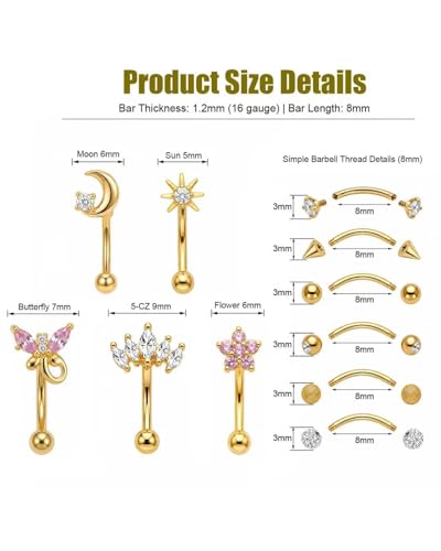 YACHY 11PCS/9PCS 16G Eyebrow Piercing Jewelry for Women Men, Eyebrow Rings Rook Earrings Rook Piercing Jewelry Belly Lip Ring Curved Barbells Eyebrow Piercing Cartilage Daith Helix Tragus Body Piercings - color: 11PCS-8mm-Gold