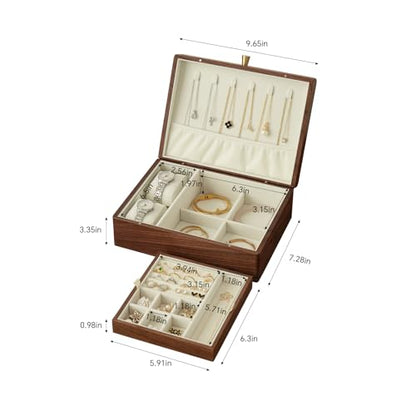 Black Walnut Wood Jewelry Box, No Lock | Velvet Lining, Personalized Ring and Necklace Box, For Women and Girls, Brass Handle - style: Vintage