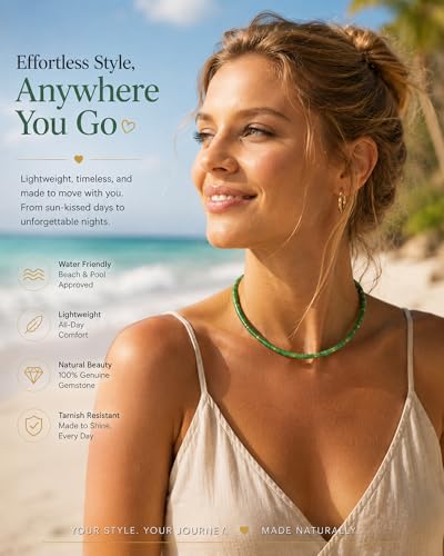 Natural Heishi Gemstone Choker Necklace for Women, Adjustable 15"+2" Beaded Layering Necklace, Coastal Beach Jewelry Gift for Her - color: Green Aventurine