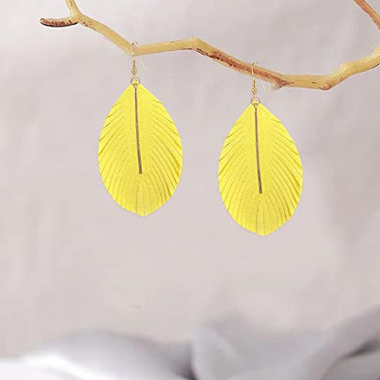YUNXI Large Genuine Soft Leather Handmade Fringe Feather Lightweight Leaf with Simple Drop Metal Bar Tear Drop Dangle Color Earrings for Women - color: Light Yellow