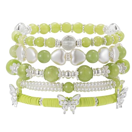 Besydec Stackable Boho Beaded Bracelets With Natural Stone & Pearl Heart & Clay Beads for Women,Adjustable Silver Jewelry - color: Green