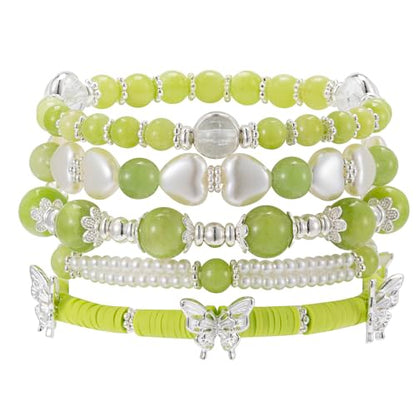 Besydec Stackable Boho Beaded Bracelets With Natural Stone & Pearl Heart & Clay Beads for Women,Adjustable Silver Jewelry - color: Green