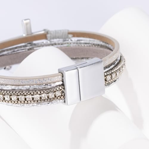 Boho Leather Wrap Bracelets Beaded Stackable Cuff Bracelet Country Concert Outfits Cowboy Cowgirl Western Jewelry Gifts for Women - color: Cross-Silver