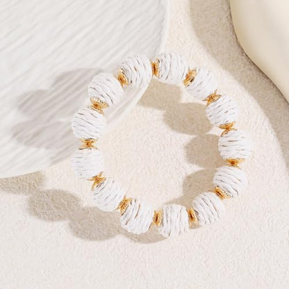 Coiris Rattan Raffia Woven Adjustable Boho Bracelet for Women | Handmade Bracelets Stretch Bracelet - color: White