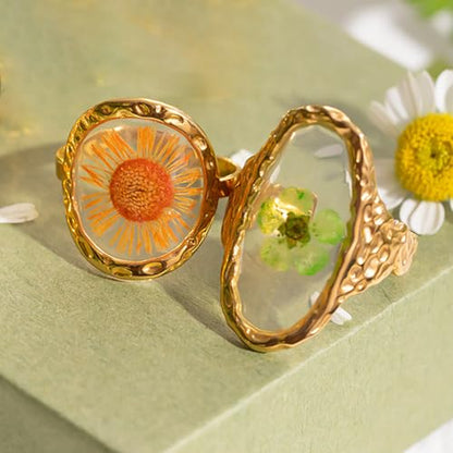 Hebelee Handmade Dried Flower Statement Ring for Women | Gold-Toned Stainless Steel,Adjustable,Pressed Blossom Forget-Me-Not Flowers Open Band Rings,Wedding Holiday Jewelry - color: Hammered Oval A