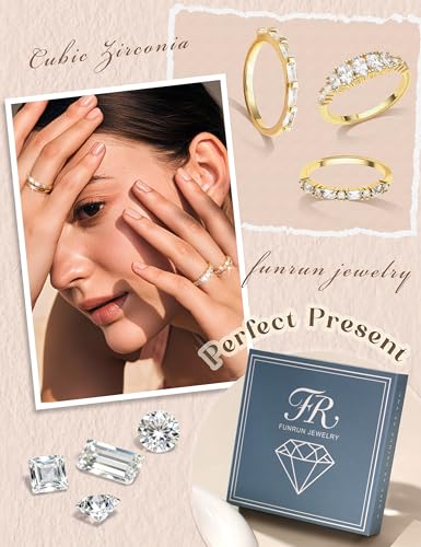 FUNRUN JEWELRY 14K Gold Plated Rings for Women Non Tarnish Stackable Rings Dainty Cubic Zirconia Band Pinky Thumb Knuckle Ring Set Trendy Statement Promise Wedding Thin Stacking Ring Size 5-10 5PCS - style: Dainty-14K Gold Plated