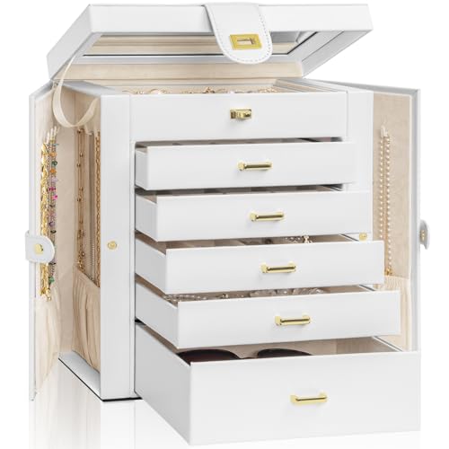AKOZLIN 6-Tier Jewelry Box Organizer Functional 5 Drawers Leather Jewelry Storage Case for Women Girls Ring Necklace Earring Bracelet Holder Organizer with Mirror White Large - color: White, size: Large