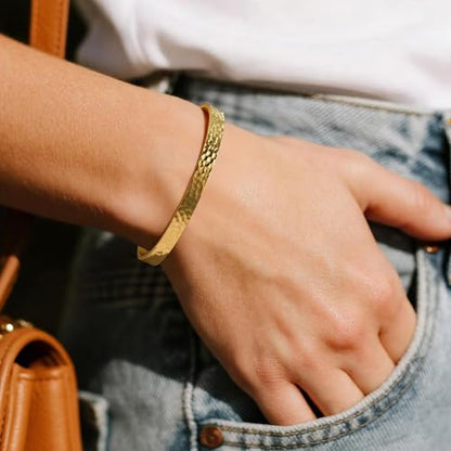 Inspirational Bible Verse Cuff Bracelet for Women, 18K Gold Plated Hammered Bangle, Christian Faith Jewelry Gift, Adjustable Non Tarnish - color: FAITH OVER FEAR-Hammered Gold