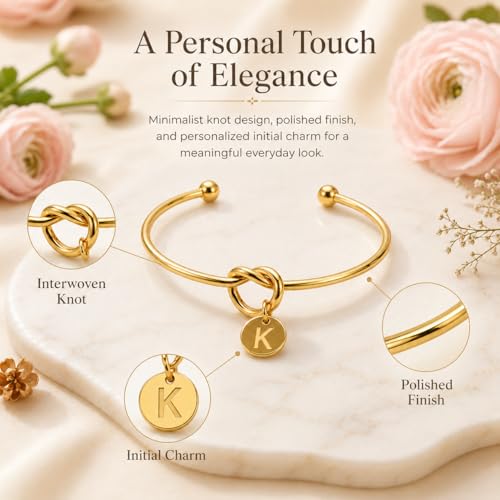 LemonRose Initial Bracelets for Women - Dainty Tie the Knot Letter A-Z 14K Gold Plated for Women Gold Cuff Bracelet for Womens Jewelry Personalized Bridesmaid Proposal Gifts - color: Gold K