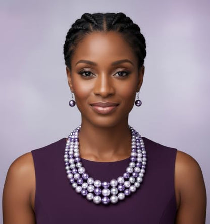 Fashion 21 Women's Faux Pearl Three Multi-Strand Statement Necklace and Earrings Set - color: Lavender Mix