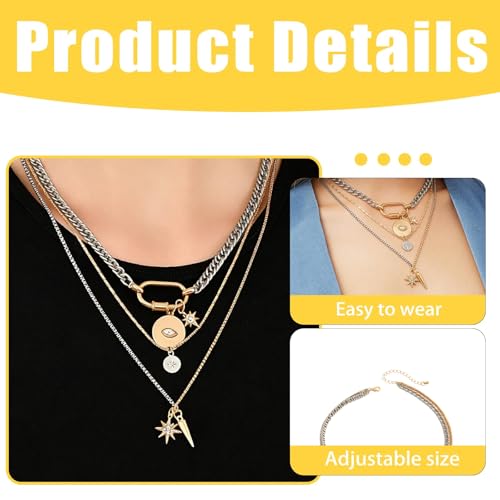 Mixed Metal Stack for Women, Multi Layered Two Tone Gold and Silver Coin Pendant Paperclip Stacked Necklace with Star and Celestial Charms, Chunky Trendy Statement Jewelry Gifts - color: Gold