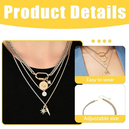 Mixed Metal Stack for Women, Multi Layered Two Tone Gold and Silver Coin Pendant Paperclip Stacked Necklace with Star and Celestial Charms, Chunky Trendy Statement Jewelry Gifts - color: Gold