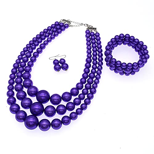 JNF Faux Pearl Statement Necklaces Big Beaded Necklace for Women Chunky Pearls Necklace and Earring Set Large beads Costume Necklace - color: Purple pearl necklace