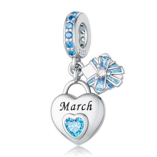 HappyStar 925 Sterling Silver Happy Birthday Bead Charm Love Heart Shape Birthstone Charms for Bracelets Dangle Pendant with 5A Cubic Zirconia Compatible Pandora Bracelets Jewelry Gift for Women - color: 3-March Birthstone Charms