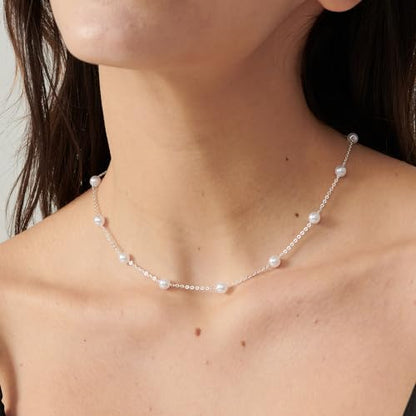 Pearl Necklace for Women- 14K Gold-plated/White Gold-plated Dainty Pearl Necklace for Women - color: Silver station chain