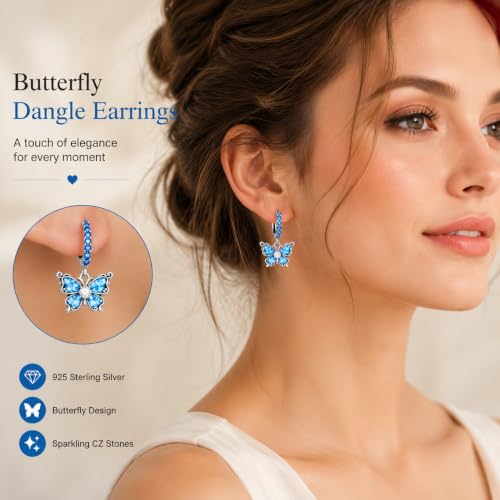 925 Sterling Silver Dangle Whale Shark Butterfly Bow Earrings for Women | Hypoallergenic Huggie Hoop Drop Cross Earrings for Sensitive Ears, Cubic Zirconia Statement Trendy Jewelry Birthday Gifts - color: Blue Sparkling Butterfly