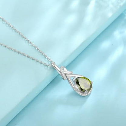Infinity Teardrop Necklace Silver Tone Pendant Birthstone Jewelry for Women - color: Olive Green
