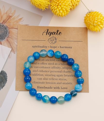 BOMAIL Natural Stone Beaded Bracelet for Women Men | 8mm Round Beads,Healing Crystal,Semi-Precious Gemstone,Yoga,Stretch,Bracelets Jewelry Gift - color: Agate