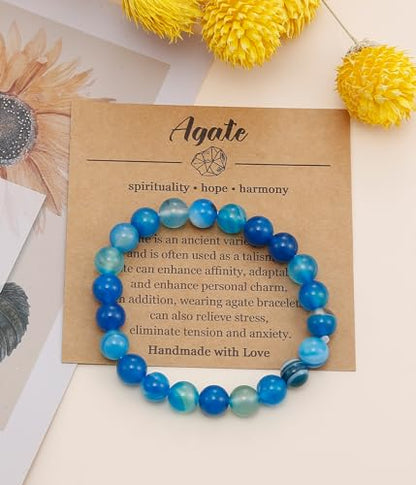 BOMAIL Natural Stone Beaded Bracelet for Women Men | 8mm Round Beads,Healing Crystal,Semi-Precious Gemstone,Yoga,Stretch,Bracelets Jewelry Gift - color: Agate