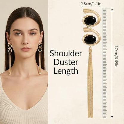 Black and Gold Earrings for Women,Geometric Statement Dangle Earrings with Long Snake Chain Tassel Pendant Earring - color: Gold