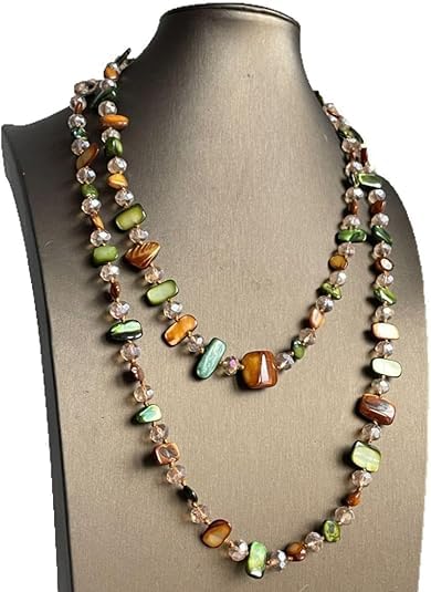 Olive/Brown Shell Nugget and Glass Crystal Bead Necklace