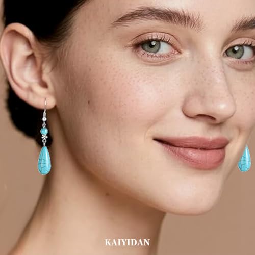 Boho Turquoise Dangle Earrings For Women Trendy,Western Blue Gemstone Drop Earings,Vintage Gothic Ethnic Statement Beach Vacation Long Birthstone Earrings with Leaf Teardrop Turquoise Crystal Tassels,Fashion Jewelry Birthday Gift. - style: A6 Turquoise Te