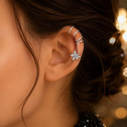 Flower Ear Cuff Set for Women Non Piercing Cartilage Earrings Clip On Wrap Cuffs Stackable Jewelry Gifts - color: B3:silver ear cuff set