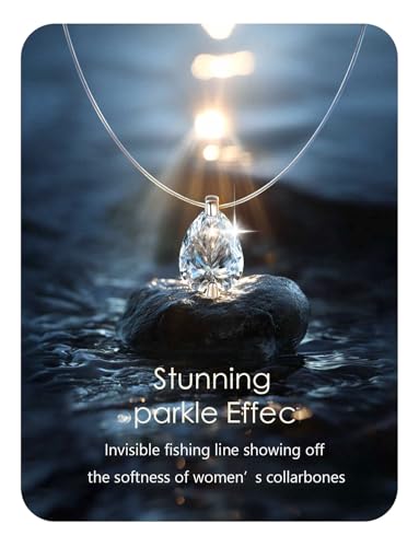 Teardrop 925 Silver CZ Floating Pendant Necklace 16 Inch Cubic Zirconia Invisible Necklace, Hypoallergenic, Jewelry Gifts for Women Anniversary Birthday - color: Pear-Shaped