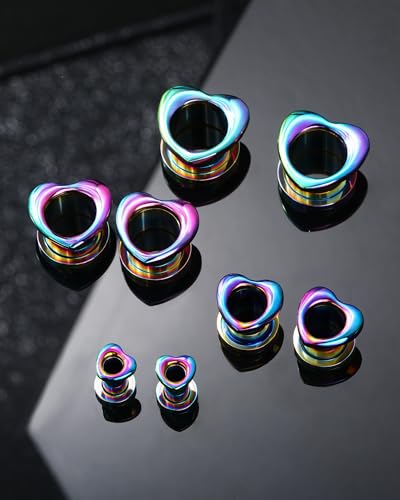 Jewseen 2PCS Rainbow Heart Ear Gauges Plugs Tunnels 316L Stainless Steel Ear Expander Piercing Jewelry