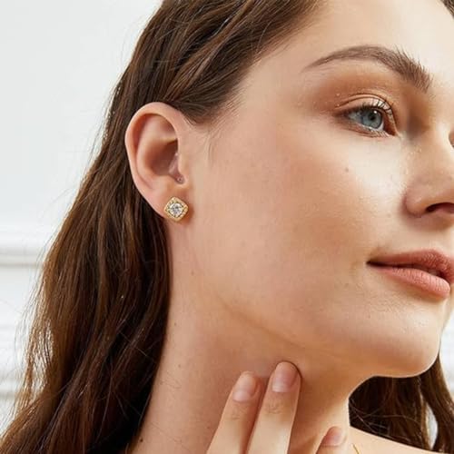 18K White Gold Plated Round Square Cubic Zirconia Simulated Diamond Halo Stud Earrings 2 pairs Set - color: gold