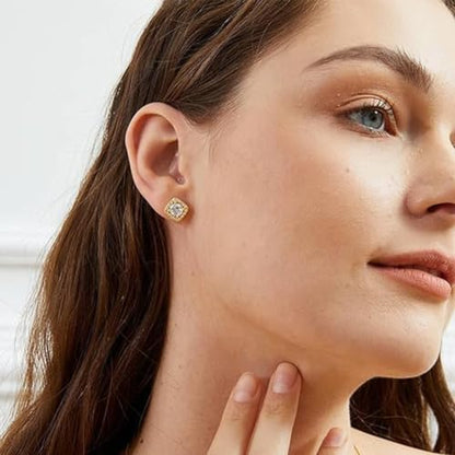 18K White Gold Plated Round Square Cubic Zirconia Simulated Diamond Halo Stud Earrings 2 pairs Set - color: gold
